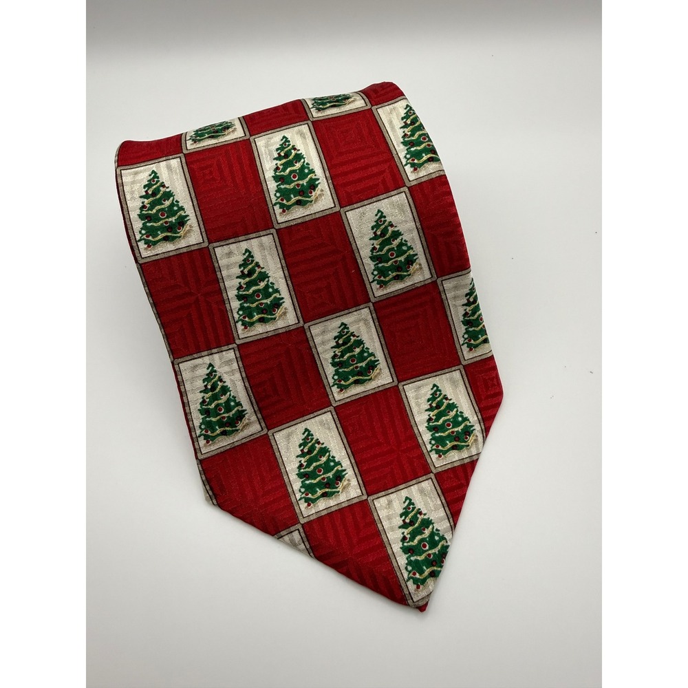 Robert Stock Silk Tie OS Christmas Tree Holiday Red Festive Classic Novelty